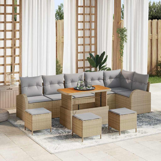 10-teilige Garten-Sofaset mit Kissen Beige Poly-Rattan Akazie