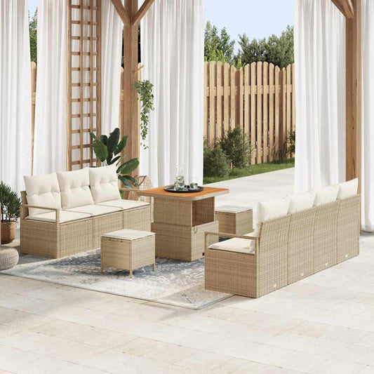 10-teiliges Garten Sofa Set mit Kissen Beige Poly Rattan Akazie