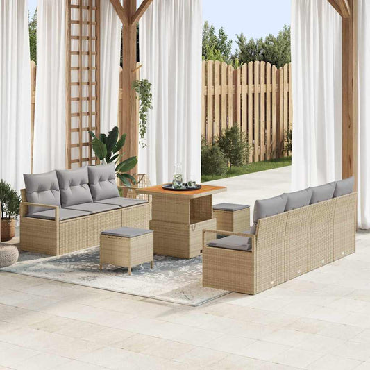 10 teiliges Garten Sofa Set mit Kissen Beige Poly Rattan Akazie
