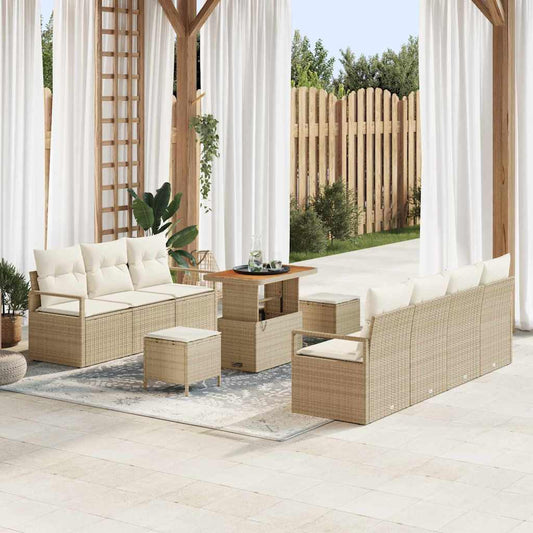 10-teiliges Garten Sofa Set mit Kissen Beige Poly Rattan Akazie