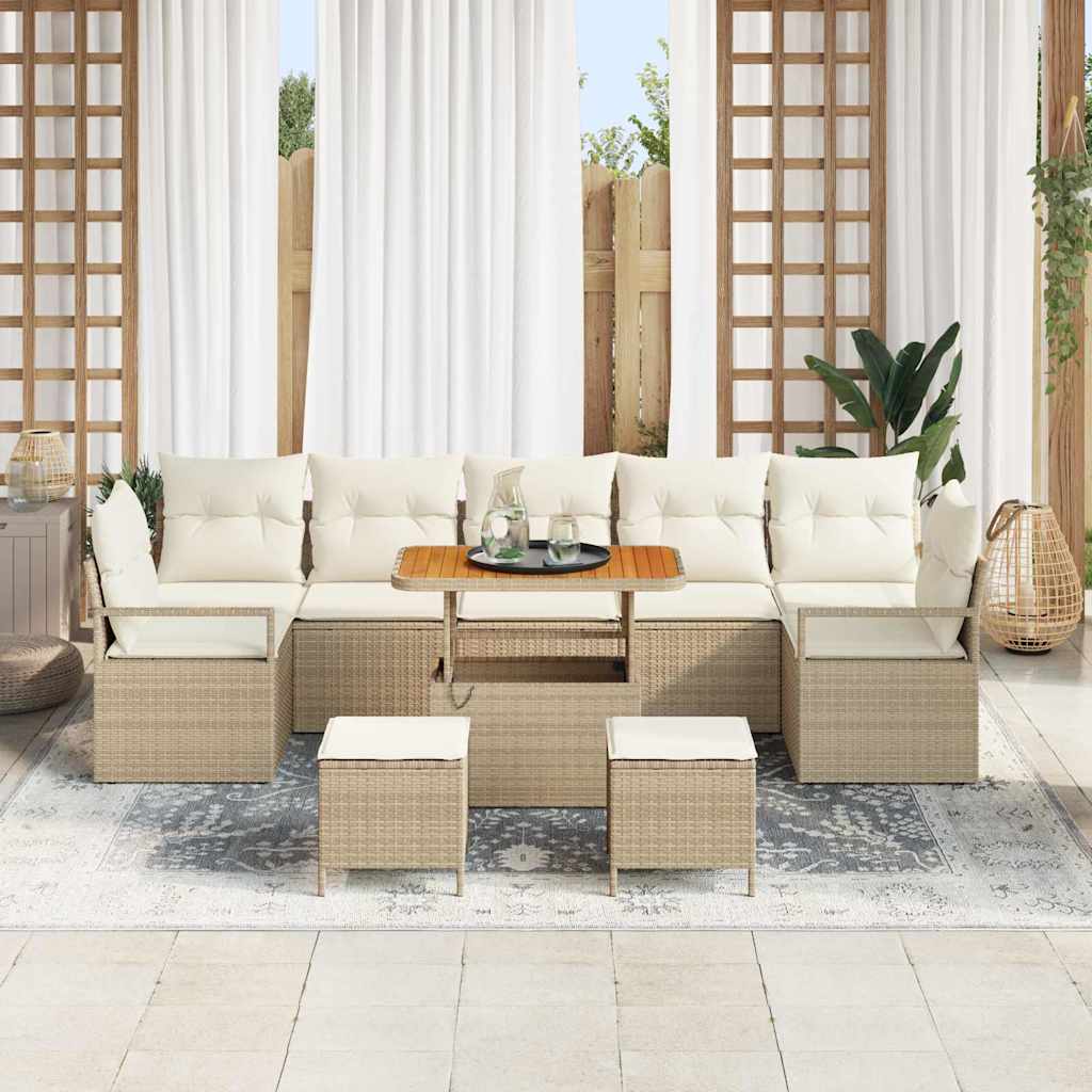 10-teilige Garten-Sofa-Garnitur mit Kissen in Beige aus Poly Rattan und Akazienholz