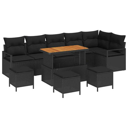 10-teilige Garten Sofa Set mit Kissen Schwarz Poly Rattan Akazie