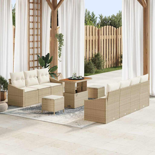 10-teiliges Garten Sofa Set mit Kissen Beige Poly Rattan Akazie