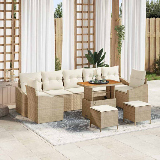 10-teiliges Garten Sofa Set mit Kissen Beige Poly Rattan Akazie