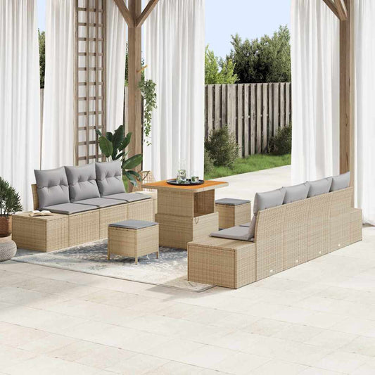 10-teiliges Garten Sofa Set mit Kissen Beige Poly Rattan Akazie