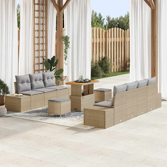 10-teiliges Garten Sofa Set mit Kissen Beige Poly Rattan Akazie