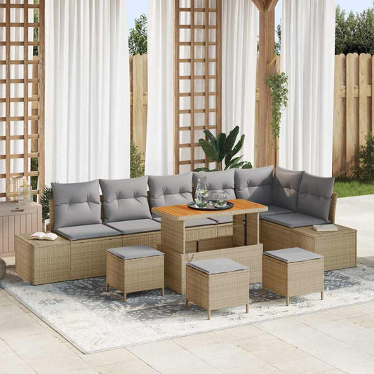 10-Teiliges Garten Sofa Set mit Kissen Beige Poly Rattan Akazie