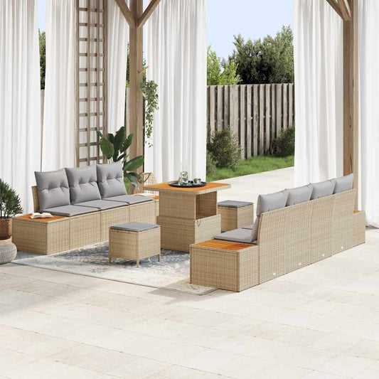10-teiliges Garten Sofa Set mit Kissen Beige Poly Rattan Akazie