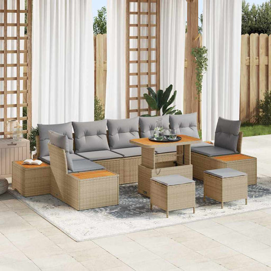 10-teiliges Garten Sofa Set mit Kissen Beige Poly Rattan Akazie