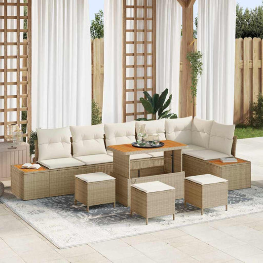 10-teiliges Garten Sofa Set mit Kissen Beige Poly Rattan Akazie