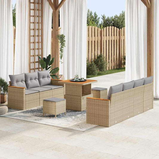 10-teilige Garten Sofagarnitur mit Kissen Beige Poly Rattan Akazie