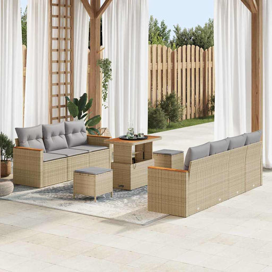 10-teilige Garten Sofaset mit Kissen Beige Poly Rattan Akazie