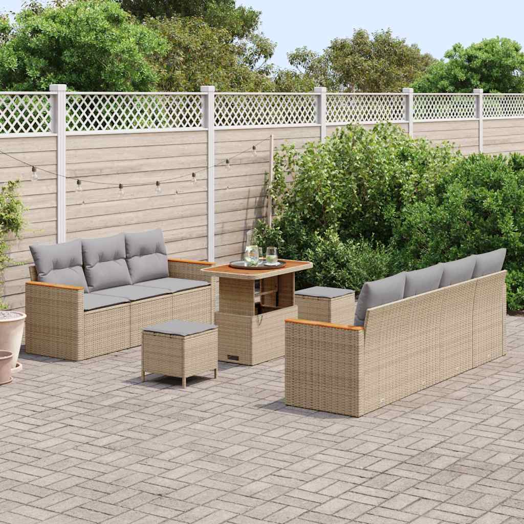 10-teilige Garten Sofaset mit Kissen Beige Poly Rattan Akazie