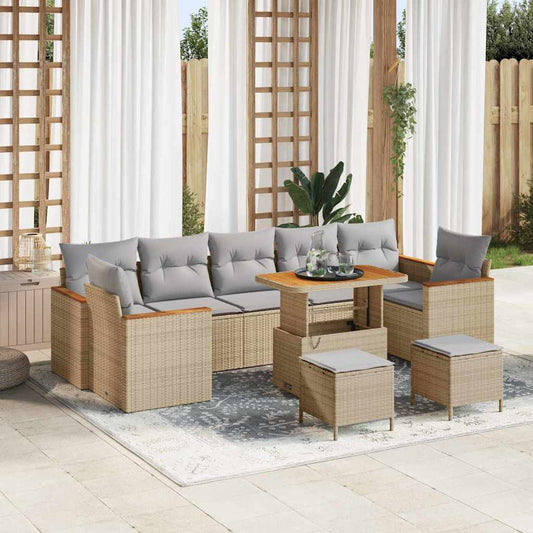 10-teiliges Garten Sofa Set mit Kissen Beige Poly Rattan Akazie