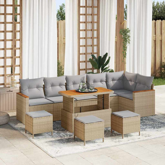 10-teilige Garten Sofagarnitur mit Kissen in Beige aus Poly Rattan Akazie