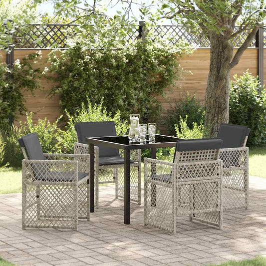 5-teiliges Gartentisch-Set mit Kissen in Hellgrau aus Poly Rattan.