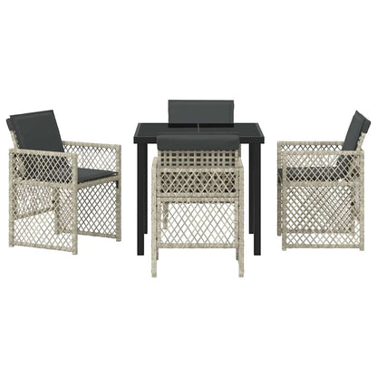 5-teiliges Gartentisch-Set mit Kissen in Hellgrau aus Poly Rattan.