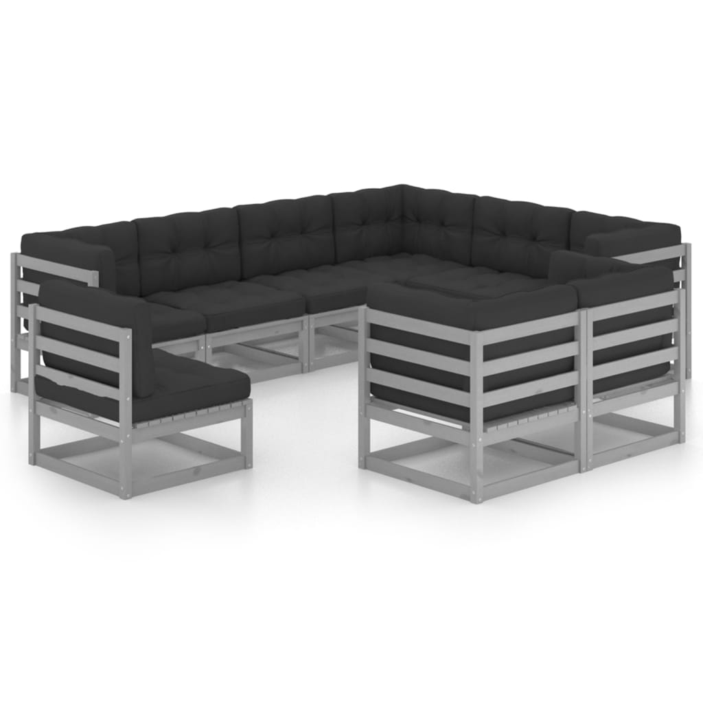 9-tlg. Garten-Lounge-Set mit Kissen Grau Massivholz Kiefer