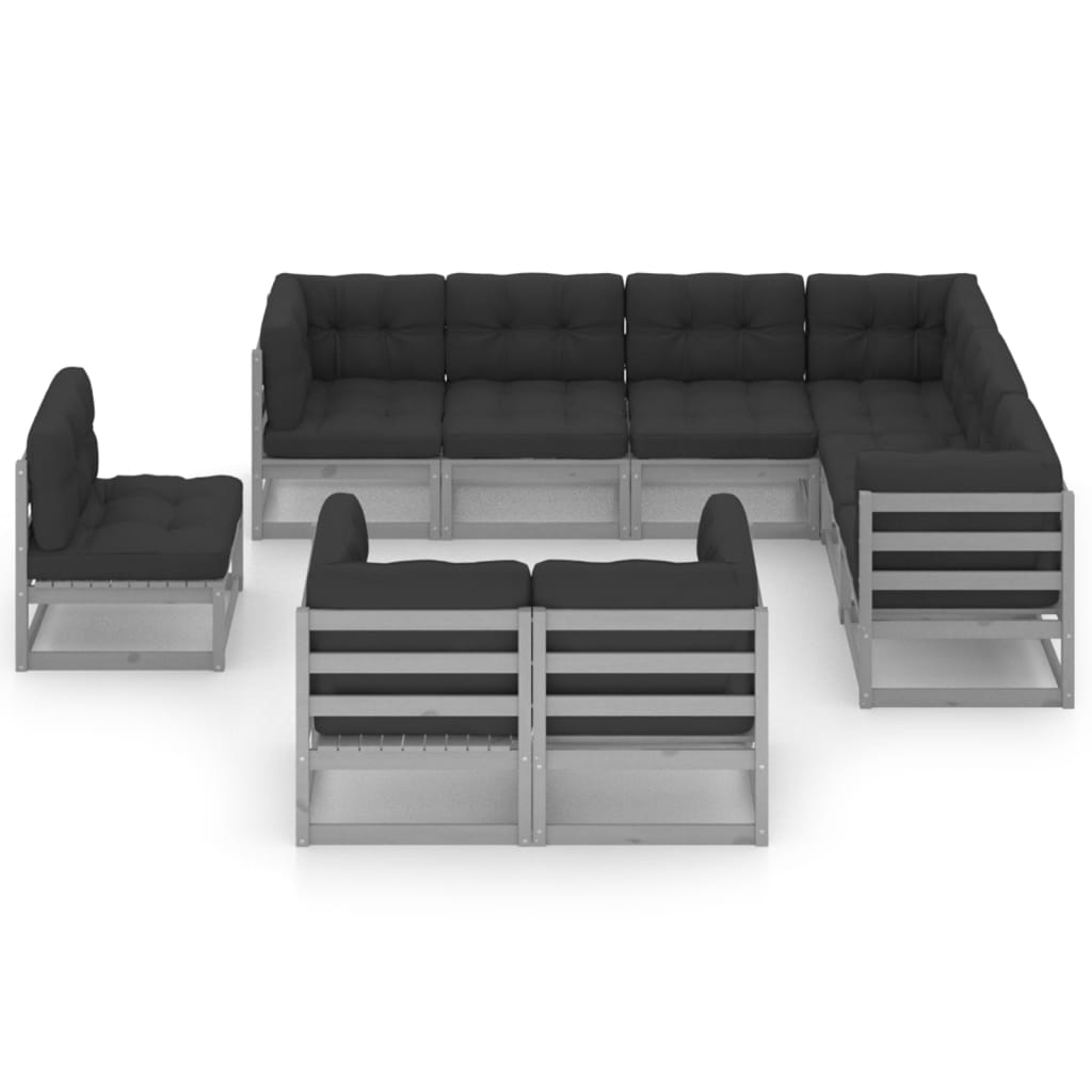 9-tlg. Garten-Lounge-Set mit Kissen Grau Massivholz Kiefer