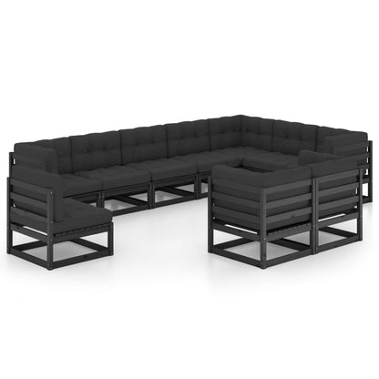 10-tlg. Garten-Lounge-Set mit Kissen Schwarz Massivholz Kiefer