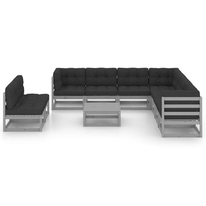 10-tlg. Garten-Lounge-Set mit Kissen Grau Massivholz Kiefer