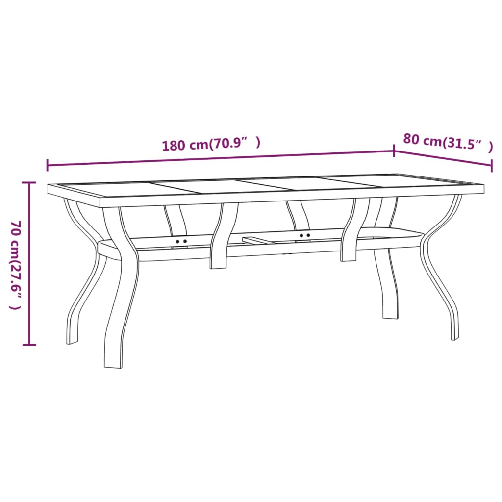 Gartentisch Schwarz 180x80x70 cm Stahl und Glas