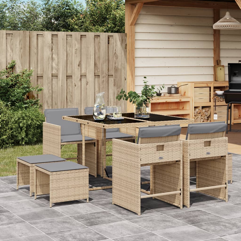 9-tlg. Garten-Essgruppe mit Kissen Beigemischung Poly Rattan