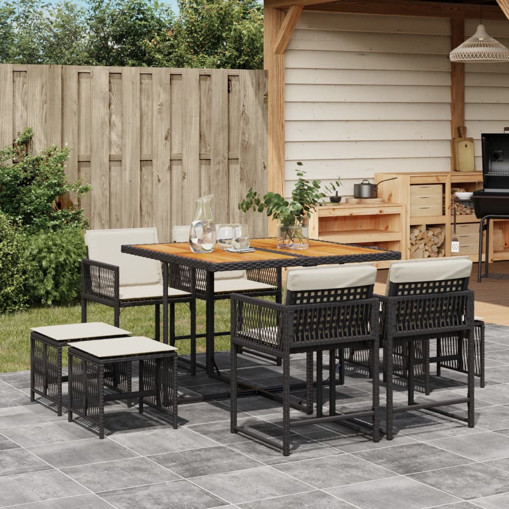 9-tlg. Garten-Essgruppe mit Kissen Schwarz Poly Rattan