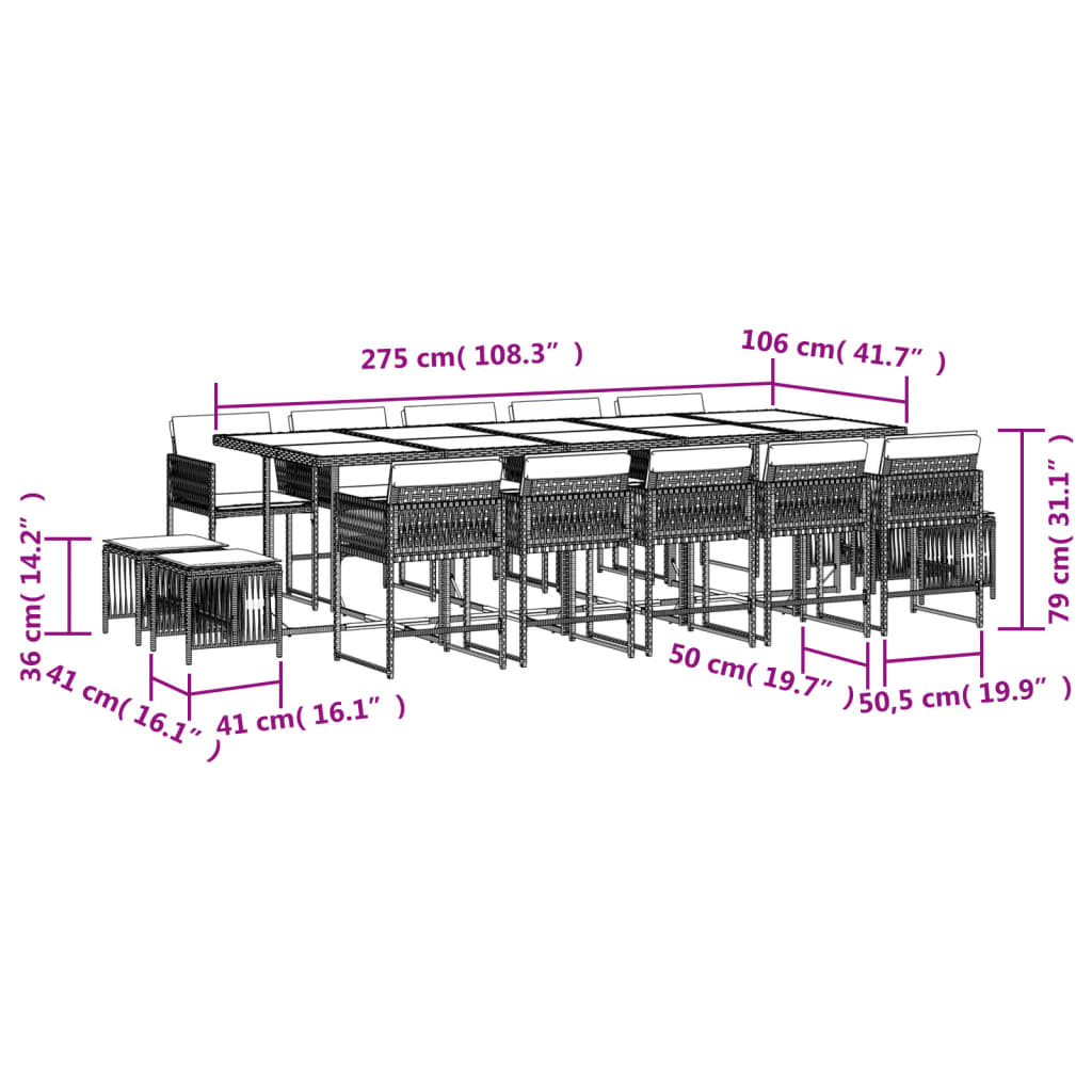 15-tlg. Garten-Essgruppe mit Kissen Beigemischung Poly Rattan