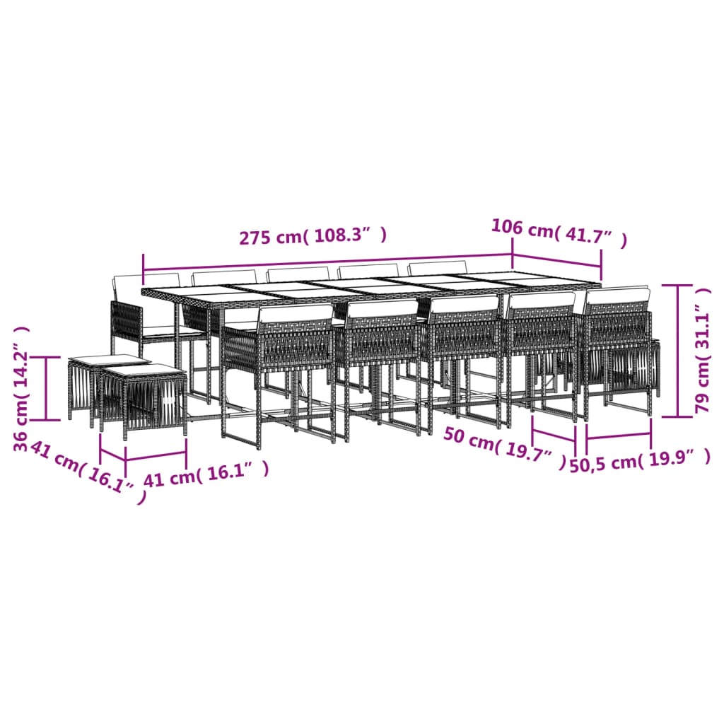 15-tlg. Garten-Essgruppe mit Kissen Schwarz Poly Rattan