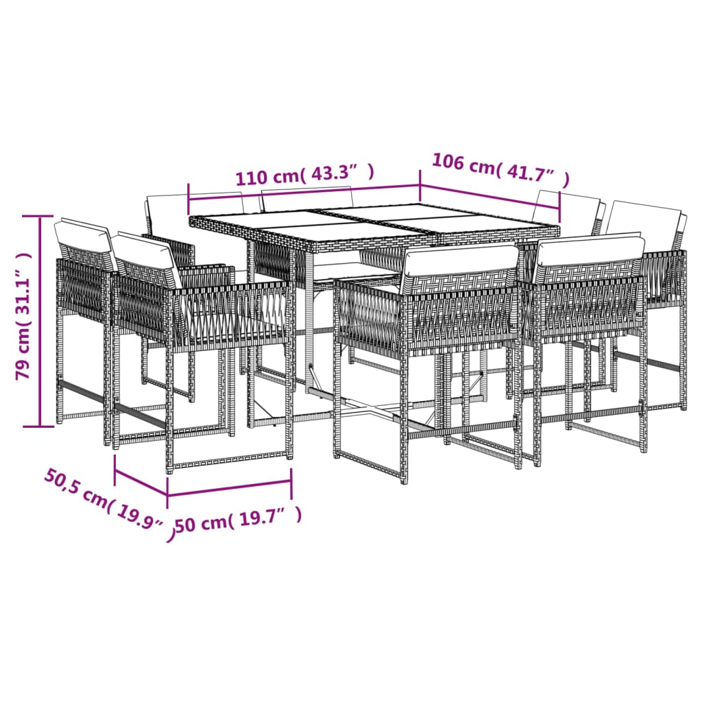 9-tlg. Garten-Essgruppe mit Kissen Beigemischung Poly Rattan