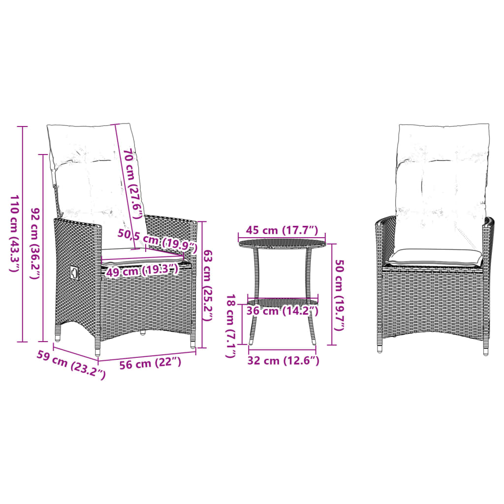 3-tlg. Bistro-Set mit Kissen Braun Poly Rattan