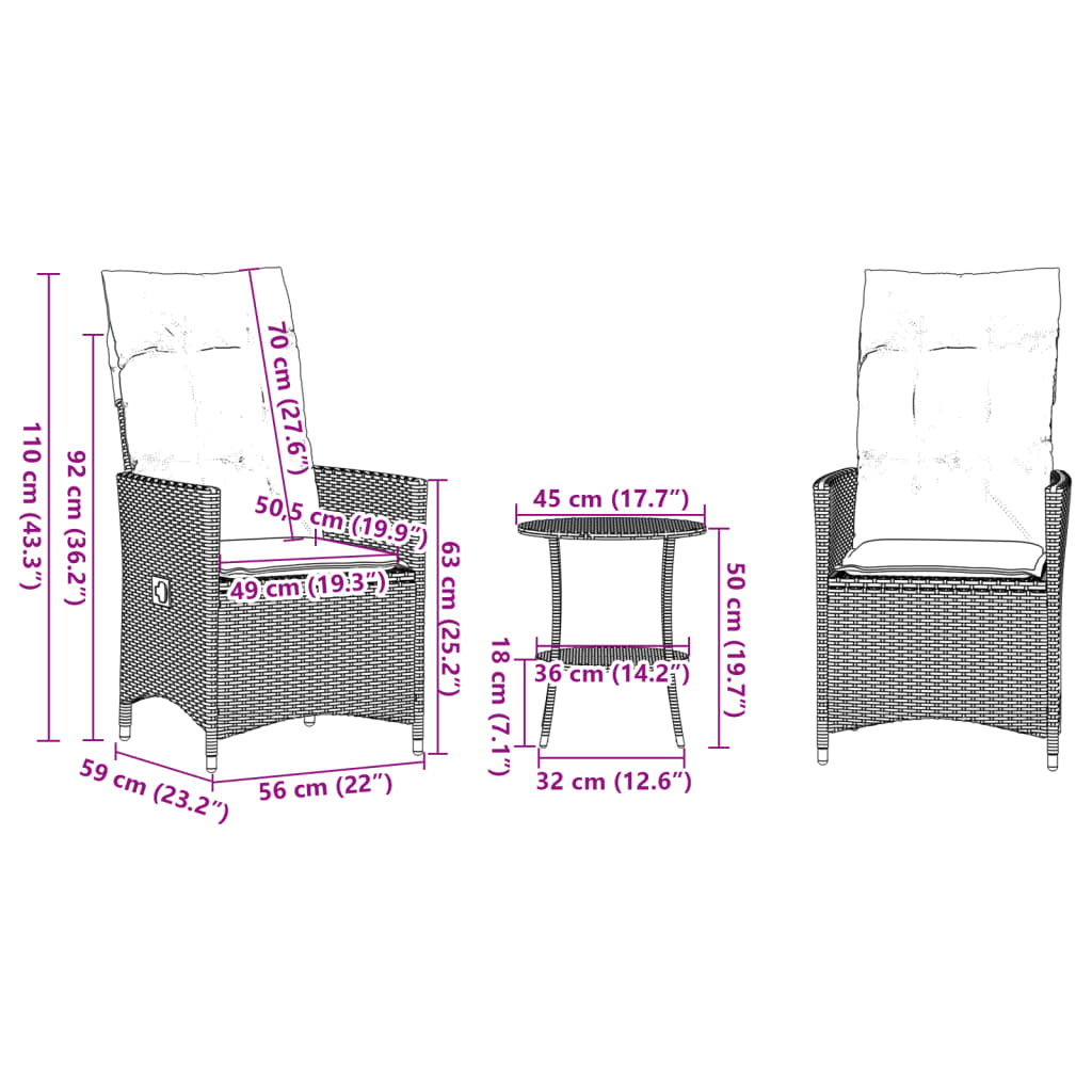 3-tlg. Bistro-Set mit Kissen Beige Poly Rattan