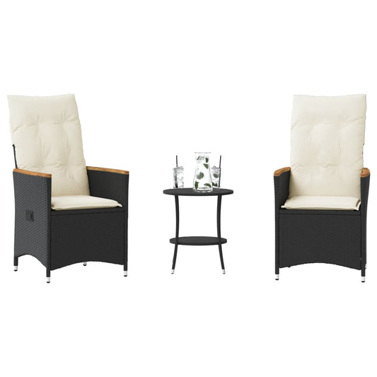 3-tlg. Bistro-Set mit Kissen Schwarz Poly Rattan