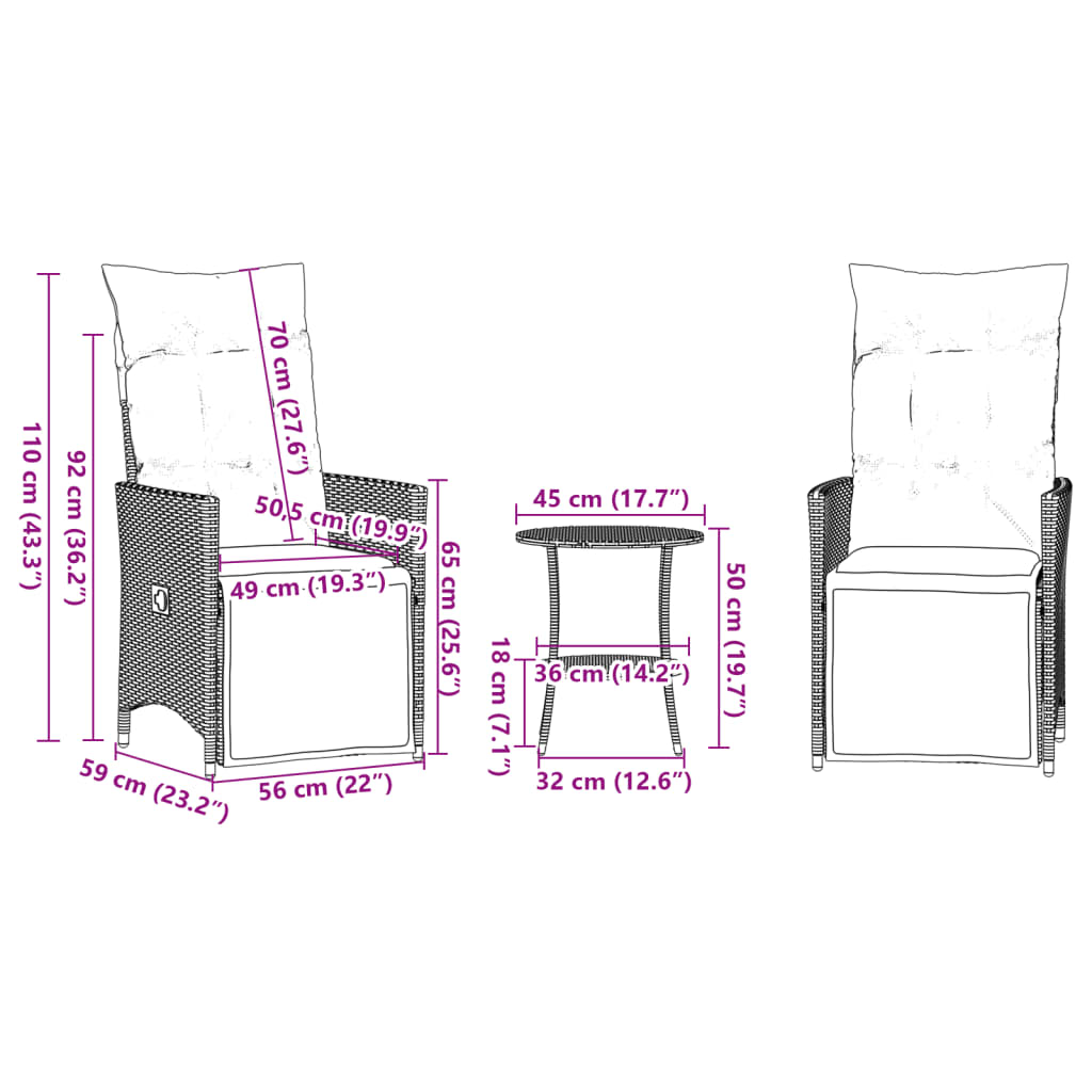 3-tlg. Bistro-Set mit Kissen Braun Poly Rattan