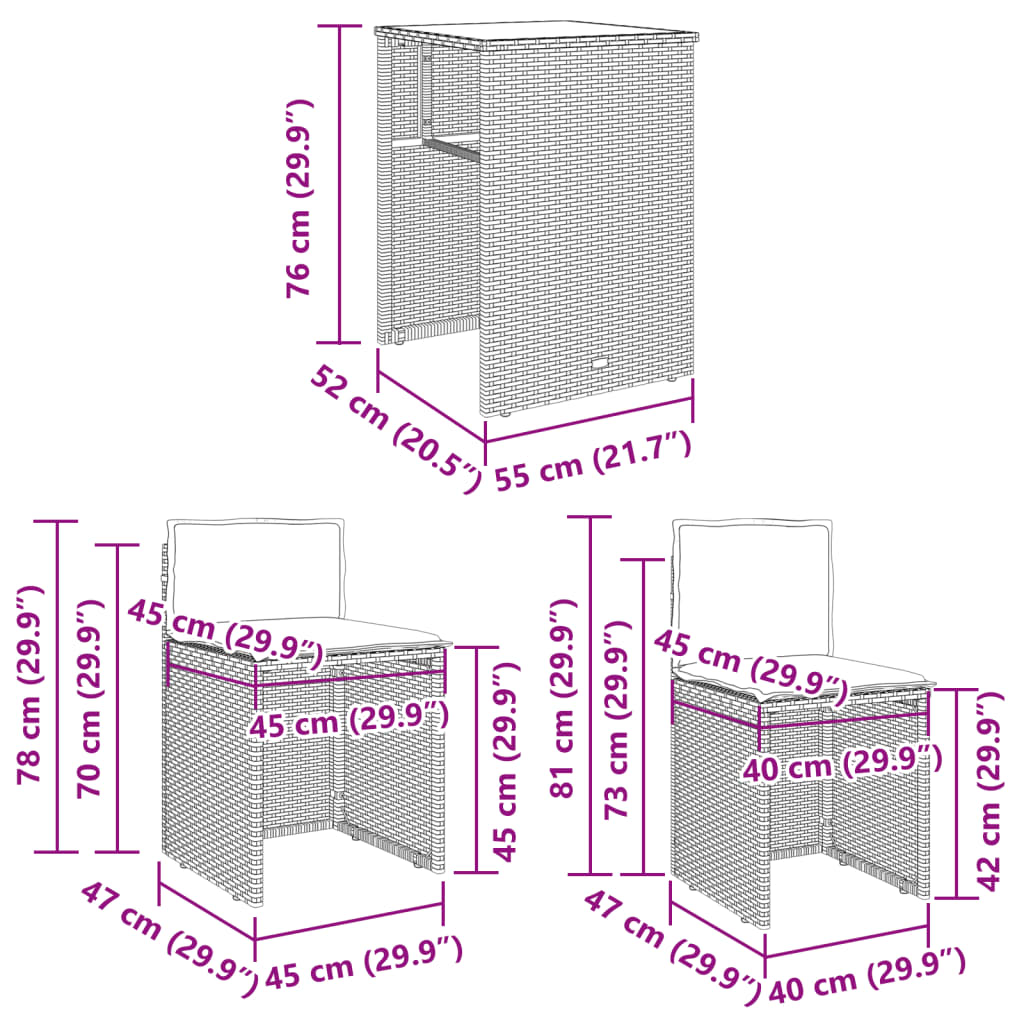 3-tlg. Bistro-Set mit Kissen Braun Poly Rattan