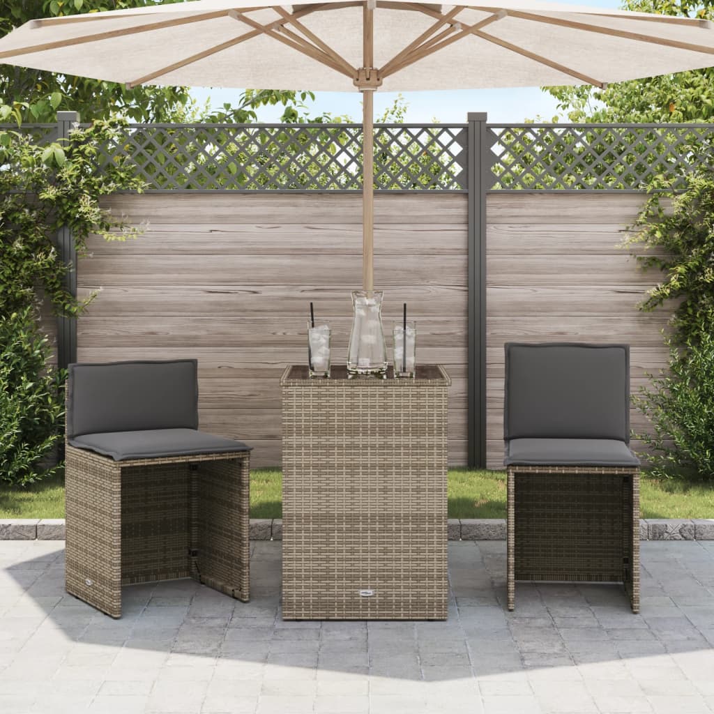 3-tlg. Bistro-Set mit Kissen Grau Poly Rattan