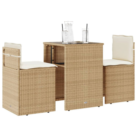 3-tlg. Bistro-Set mit Kissen Beige Poly Rattan