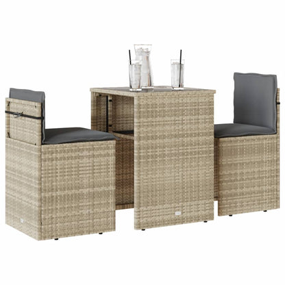 3-tlg. Bistro-Set mit Kissen Hellgrau Poly Rattan