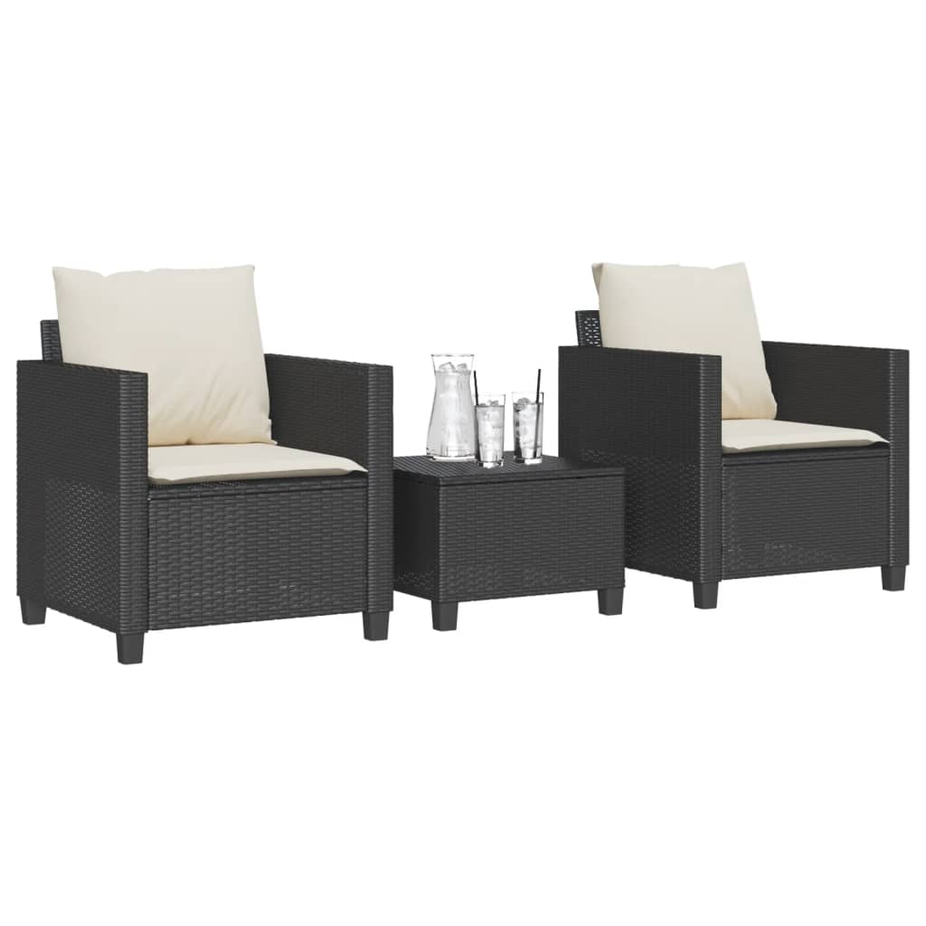 3-tlg. Bistro-Set mit Kissen Schwarz Poly Rattan