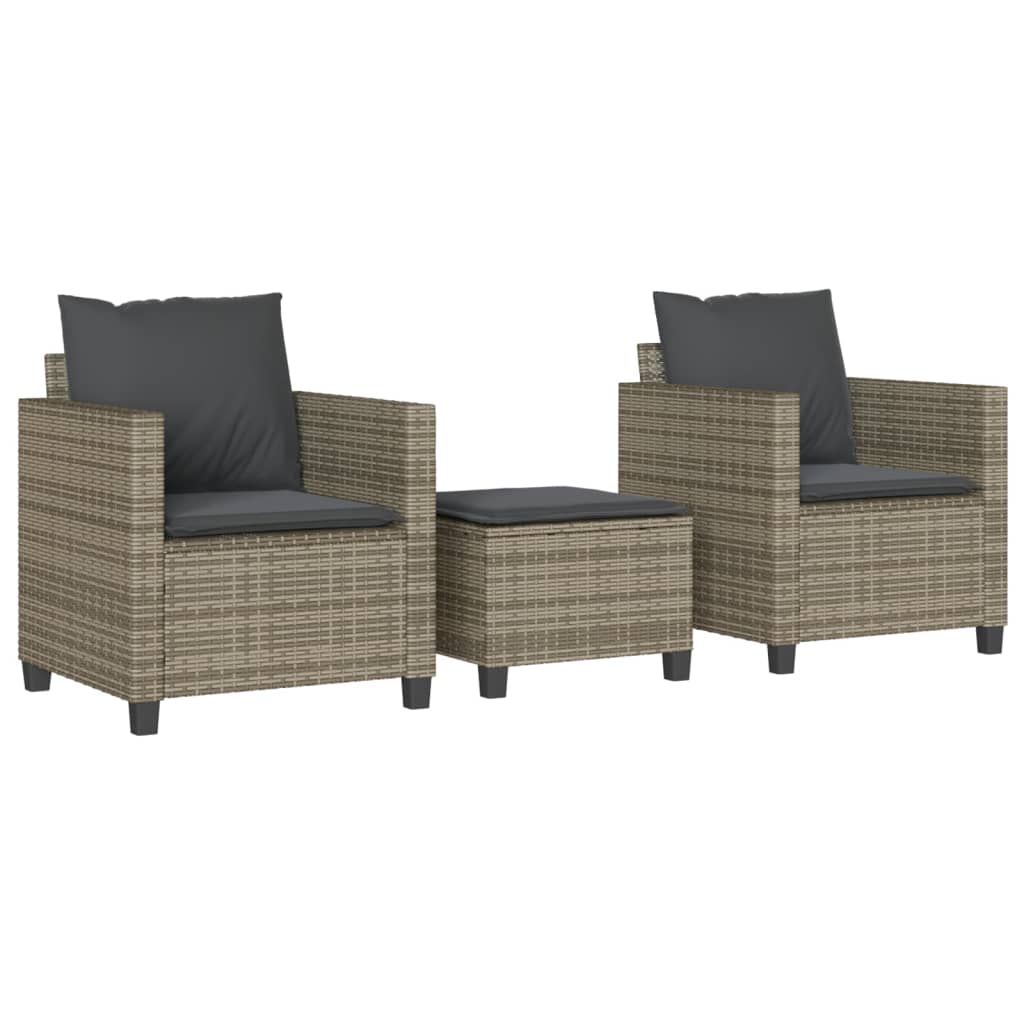 3-tlg. Bistro-Set mit Kissen Grau Poly Rattan