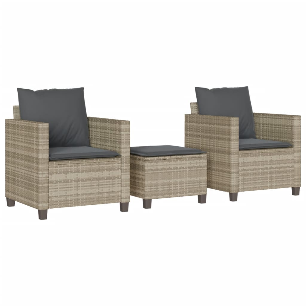 3-tlg. Bistro-Set mit Kissen Hellgrau Poly Rattan