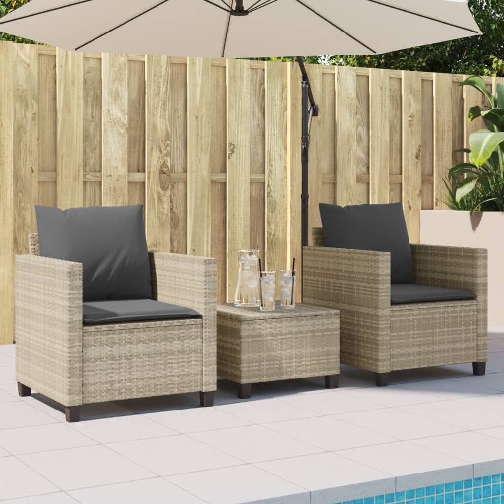 3-tlg. Bistro-Set mit Kissen Hellgrau Poly Rattan