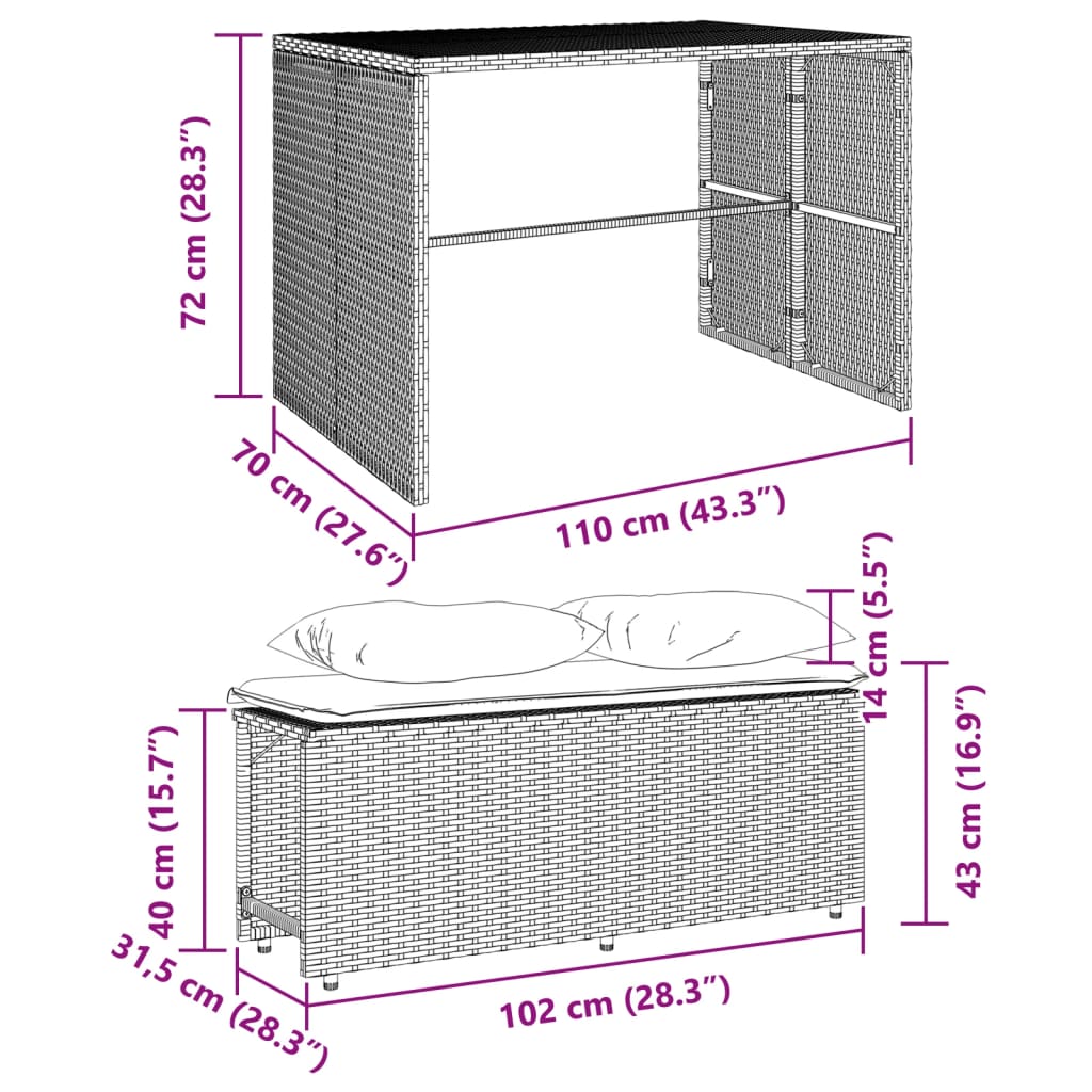 3-tlg. Garten-Essgruppe mit Kissen Braun Poly Rattan