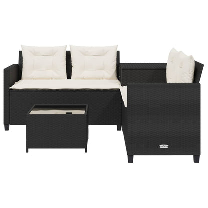 Gartensofa in L-Form mit Tisch und Kissen Schwarz Poly Rattan