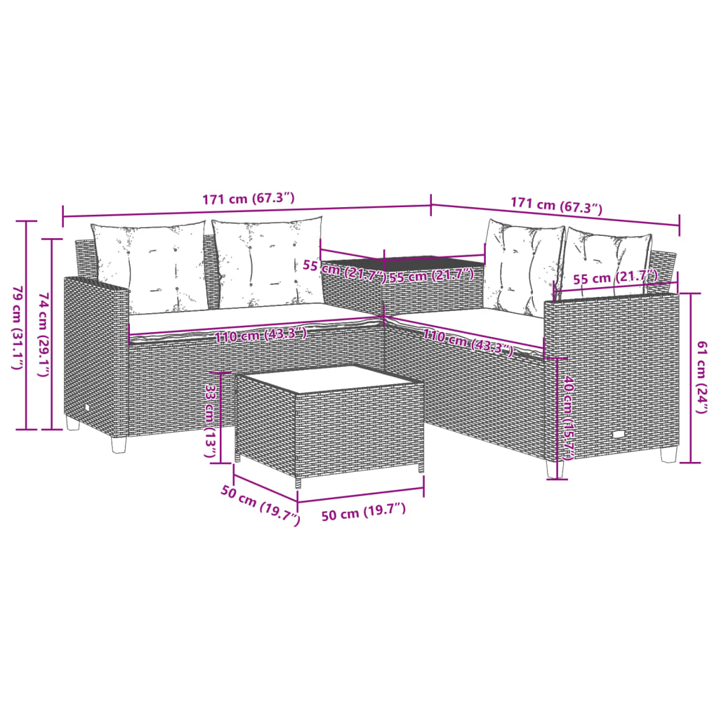 Gartensofa in L-Form mit Tisch und Kissen Grau Poly Rattan