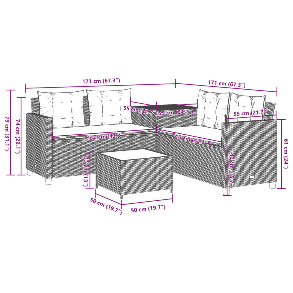 Gartensofa in L-Form mit Tisch und Kissen Hellgrau Poly Rattan