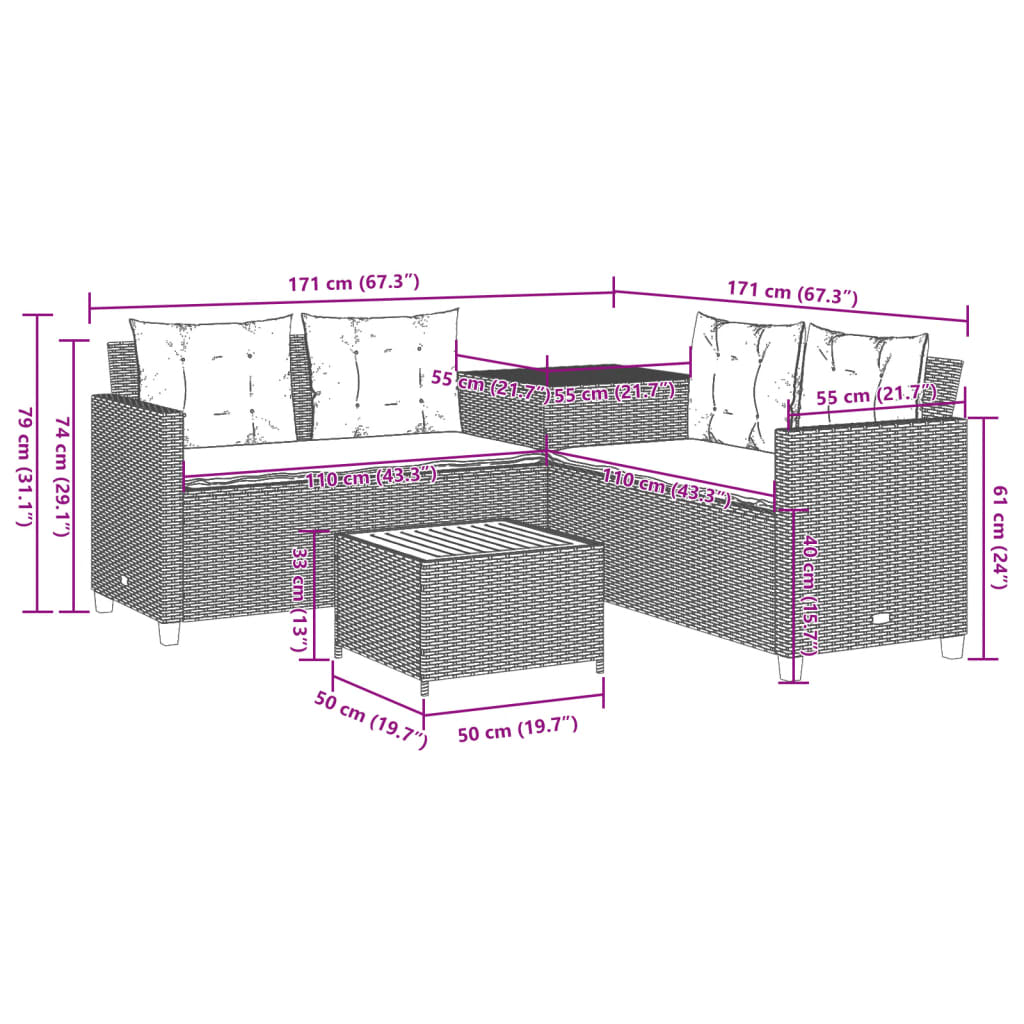 Gartensofa in L-Form mit Tisch und Kissen Schwarz Poly Rattan