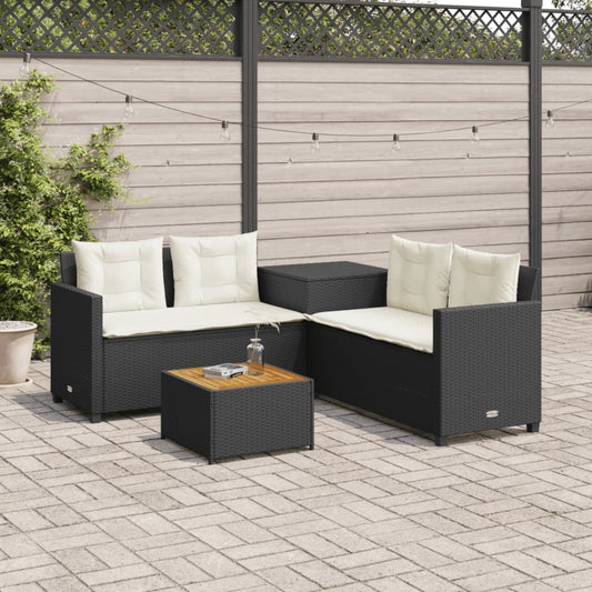 Gartensofa in L-Form mit Tisch und Kissen Schwarz Poly Rattan