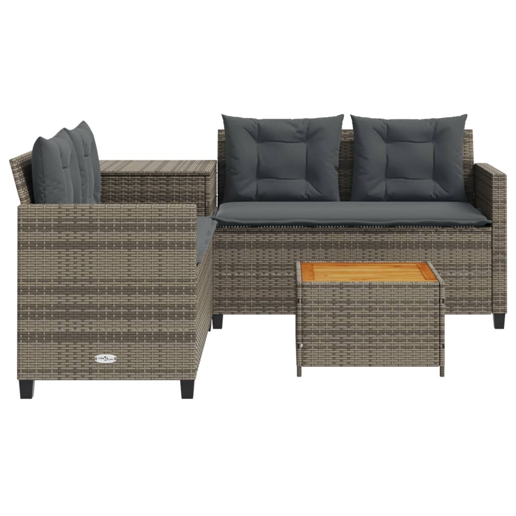 Gartensofa in L-Form mit Tisch und Kissen Grau Poly Rattan